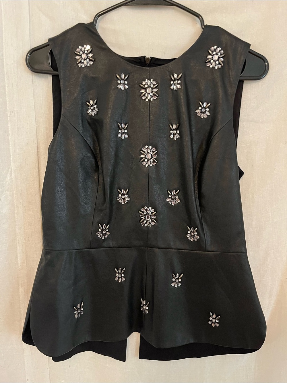 BCBGMaxAzria Black Embellished Faux Leather Peplum Top